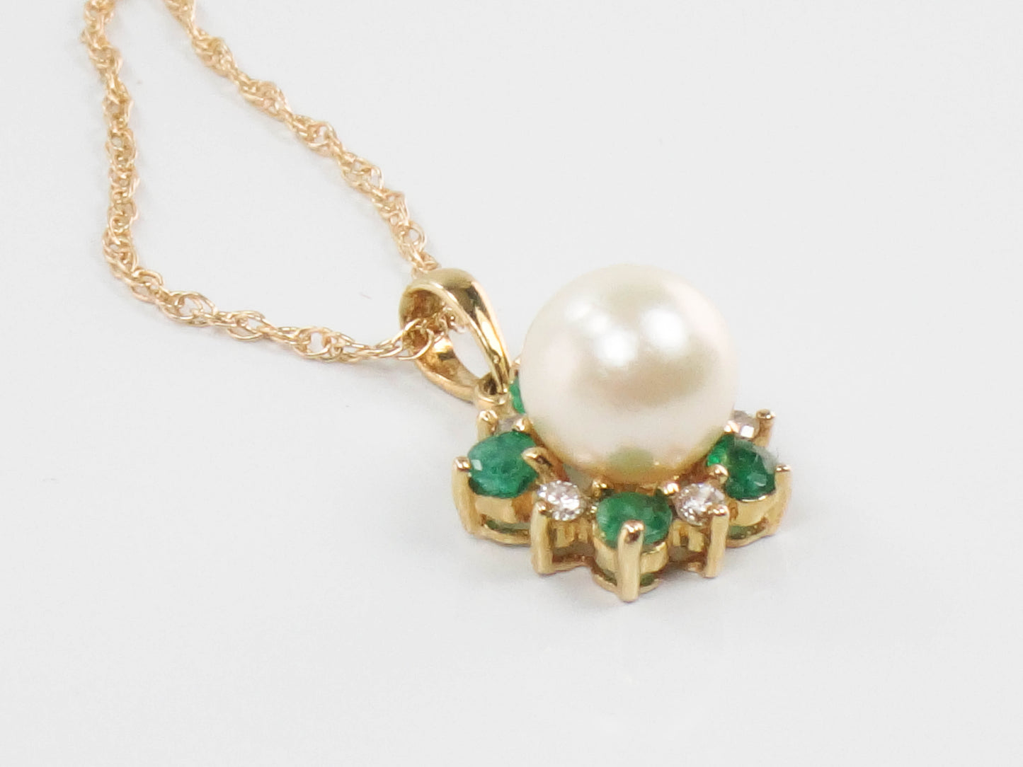 Vintage 14k Yellow Gold Pearl, Emerald and Diamond Necklace, Cultured Pearl Halo Pendant, Bridal Necklace 16"