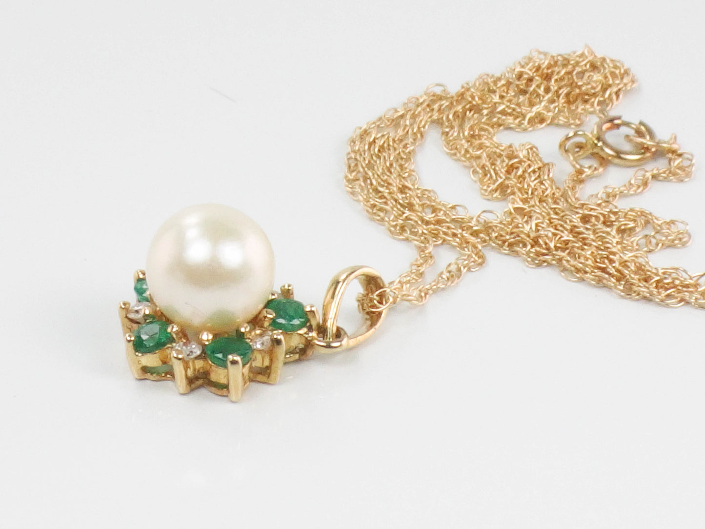 Vintage 14k Yellow Gold Pearl, Emerald and Diamond Necklace, Cultured Pearl Halo Pendant, Bridal Necklace 16"