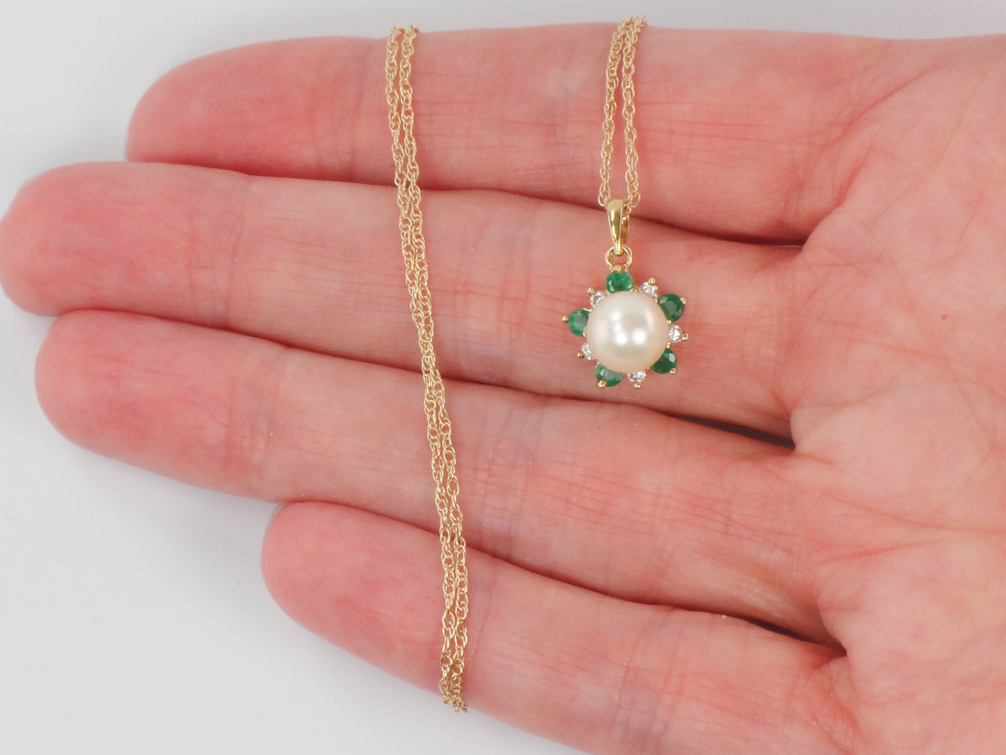 Vintage 14k Yellow Gold Pearl, Emerald and Diamond Necklace, Cultured Pearl Halo Pendant, Bridal Necklace 16"