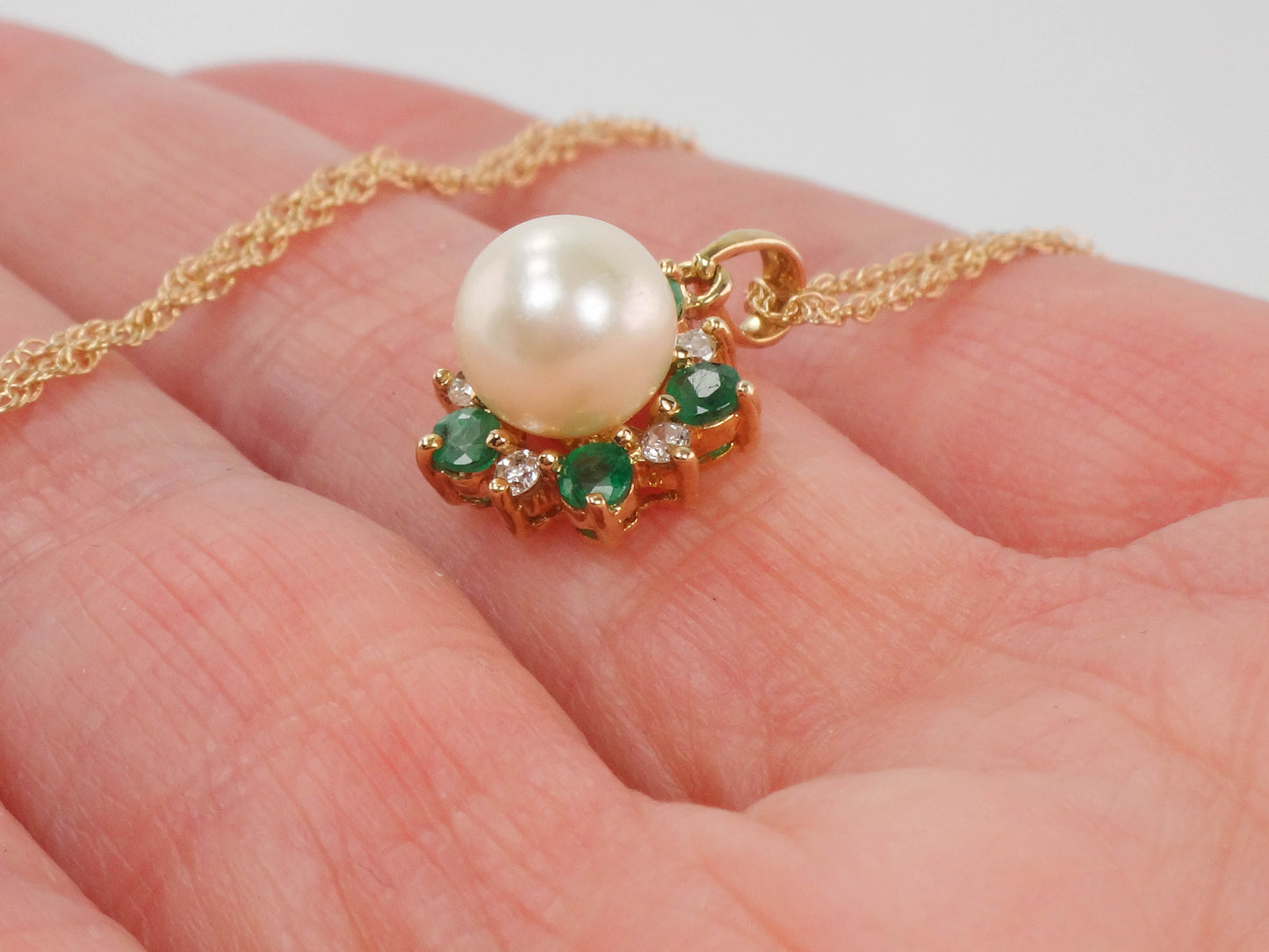 Vintage 14k Yellow Gold Pearl, Emerald and Diamond Necklace, Cultured Pearl Halo Pendant, Bridal Necklace 16"
