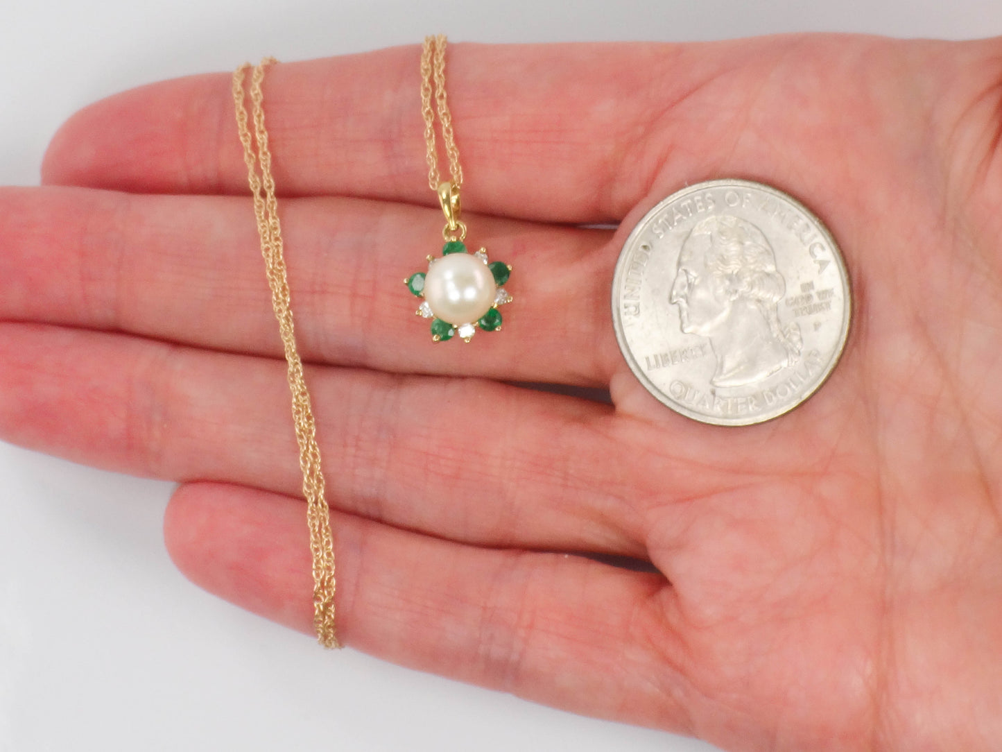 Vintage 14k Yellow Gold Pearl, Emerald and Diamond Necklace, Cultured Pearl Halo Pendant, Bridal Necklace 16"