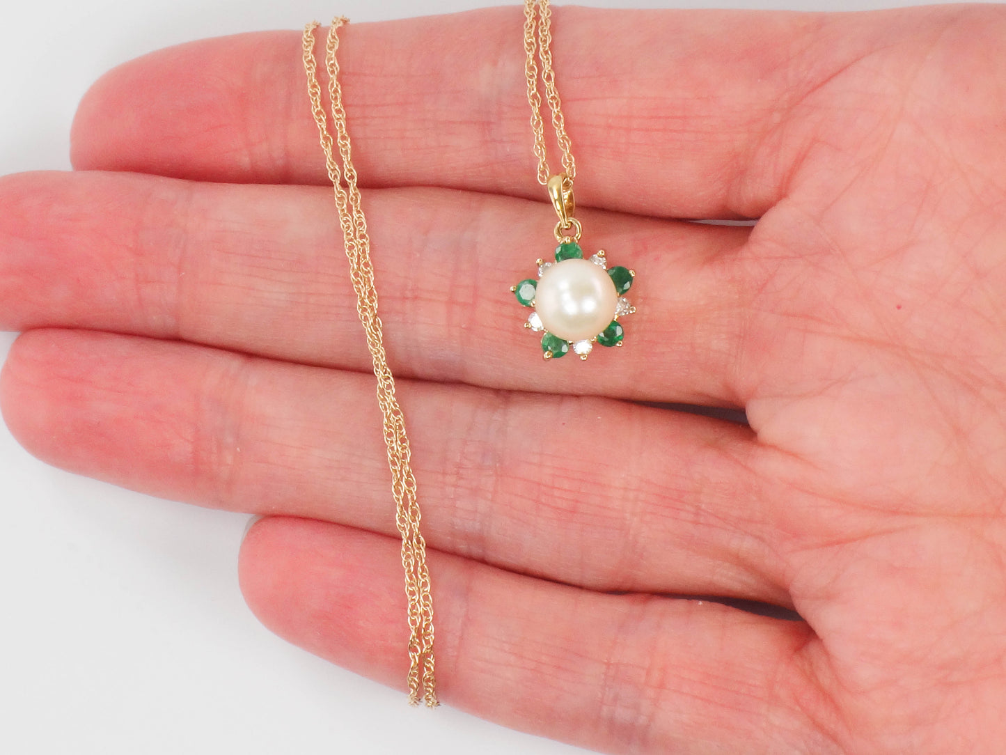 Vintage 14k Yellow Gold Pearl, Emerald and Diamond Necklace, Cultured Pearl Halo Pendant, Bridal Necklace 16"