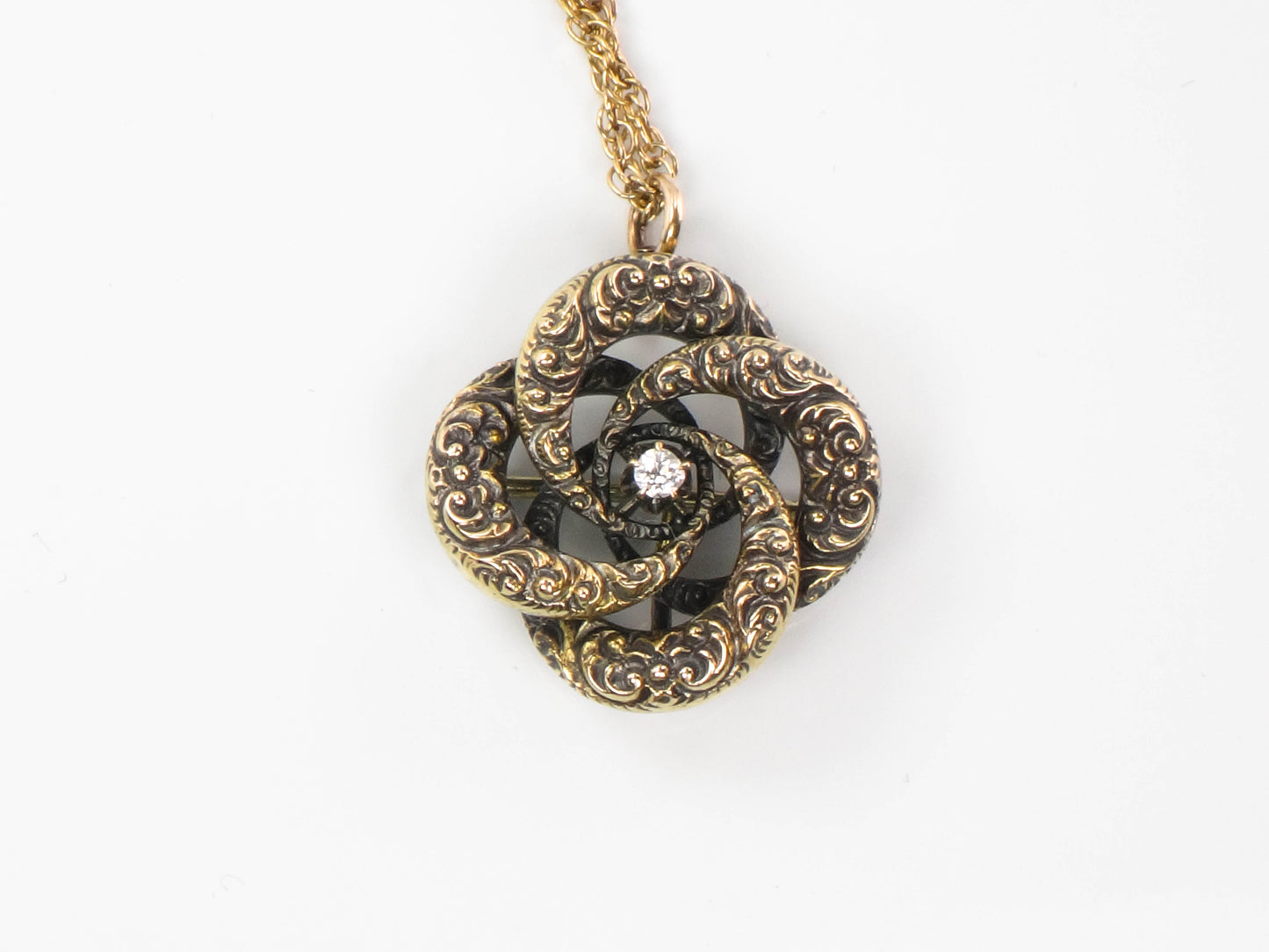 Victorian 14k Gold Old Mine Cut Diamond Love Knot Pendant Necklace 20" Antique Pin