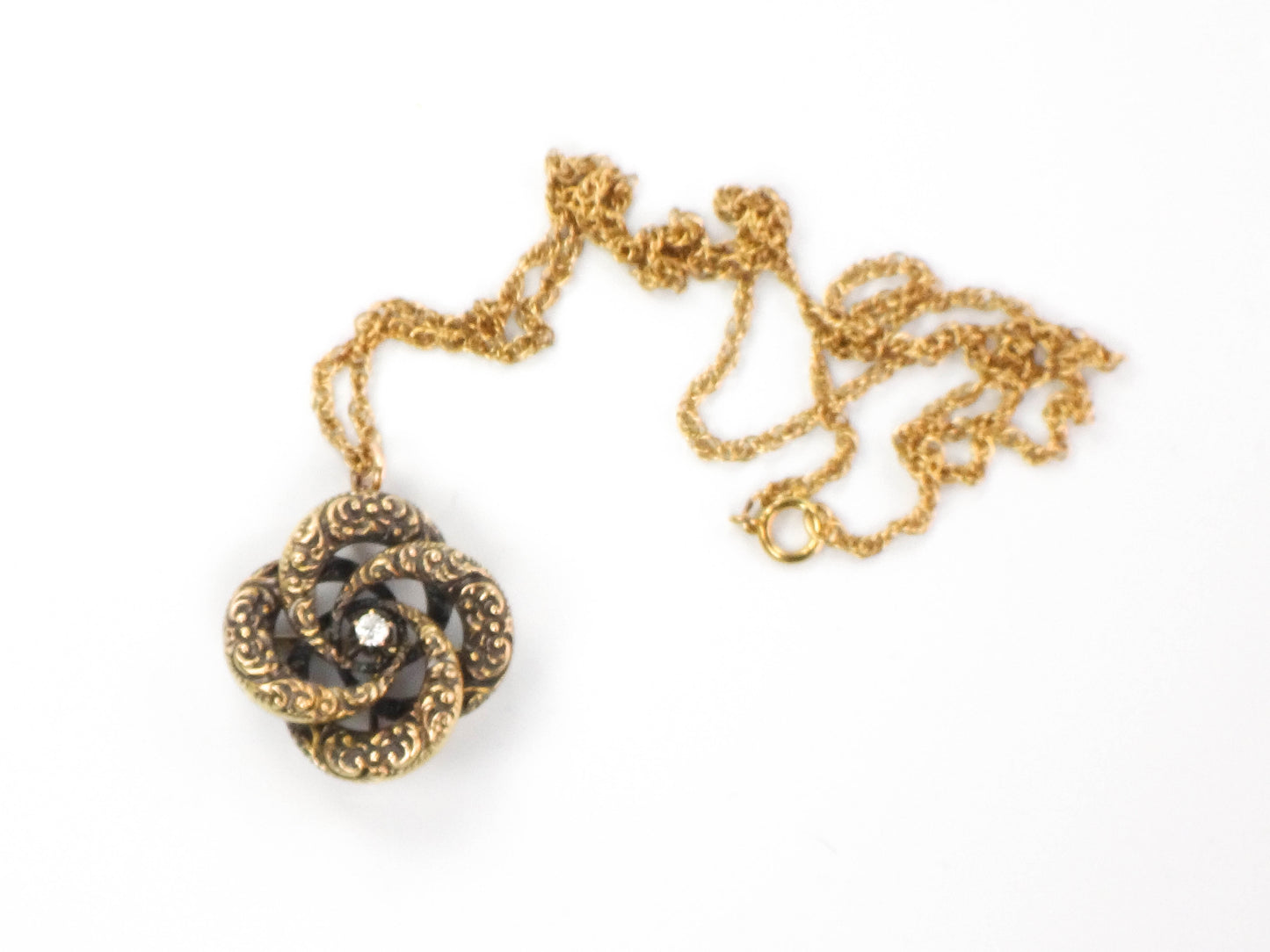 Victorian 14k Gold Old Mine Cut Diamond Love Knot Pendant Necklace 20" Antique Pin