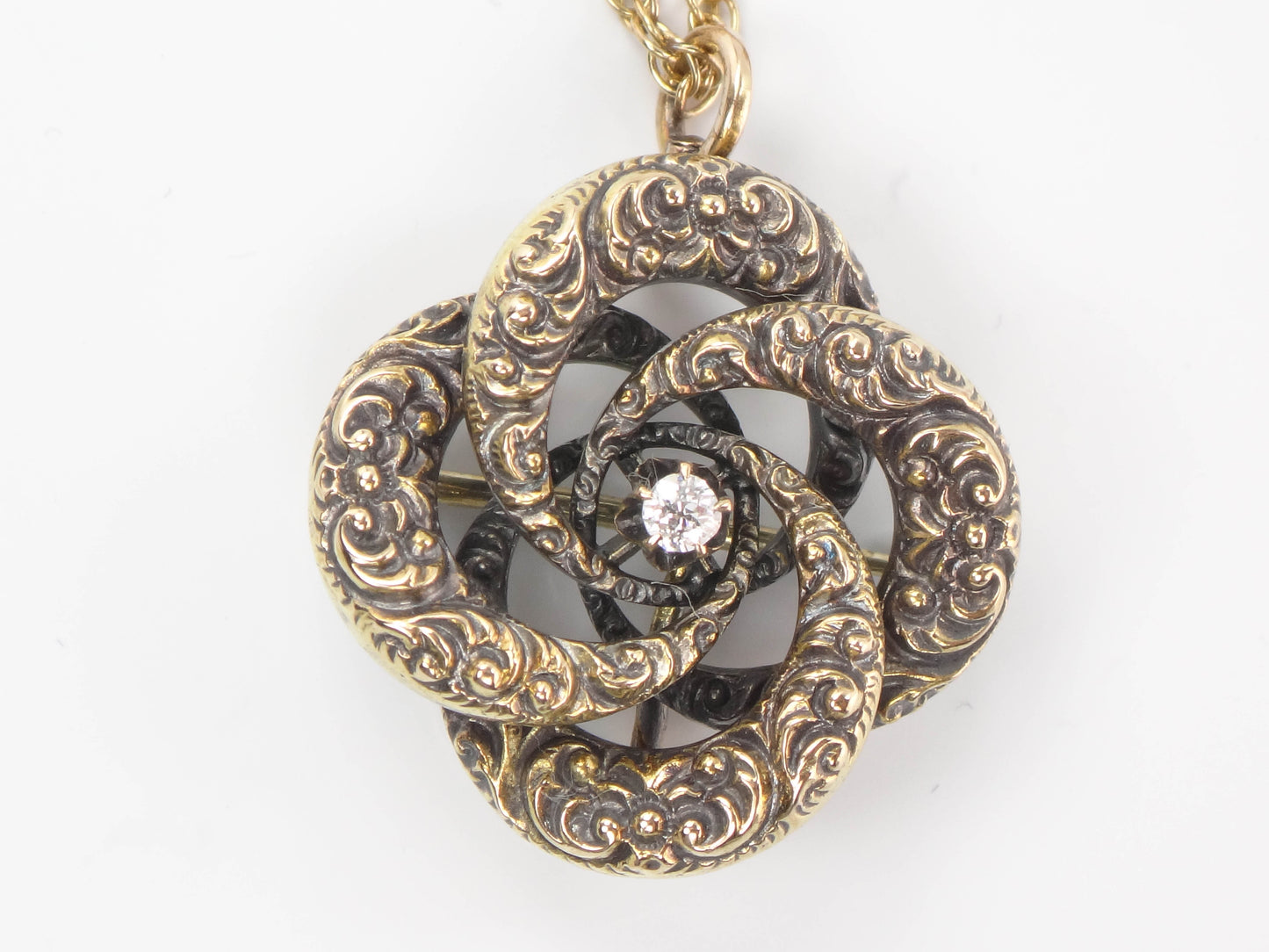 Victorian 14k Gold Old Mine Cut Diamond Love Knot Pendant Necklace 20" Antique Pin