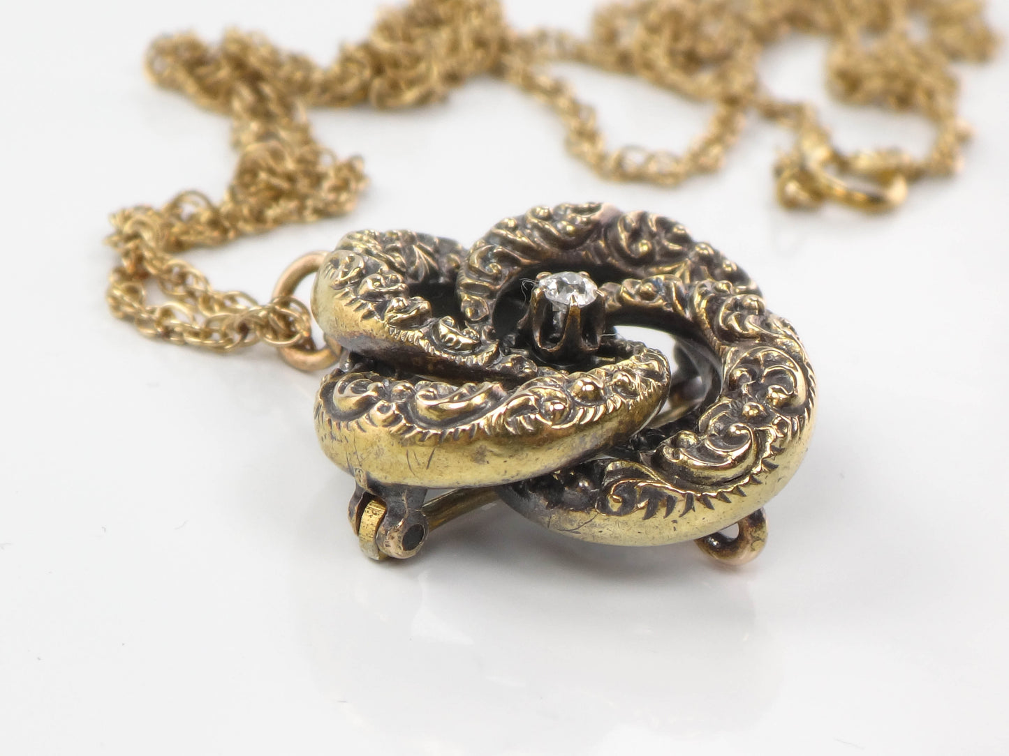 Victorian 14k Gold Old Mine Cut Diamond Love Knot Pendant Necklace 20" Antique Pin