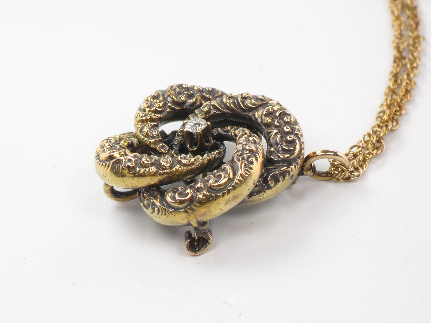 Victorian 14k Gold Old Mine Cut Diamond Love Knot Pendant Necklace 20" Antique Pin