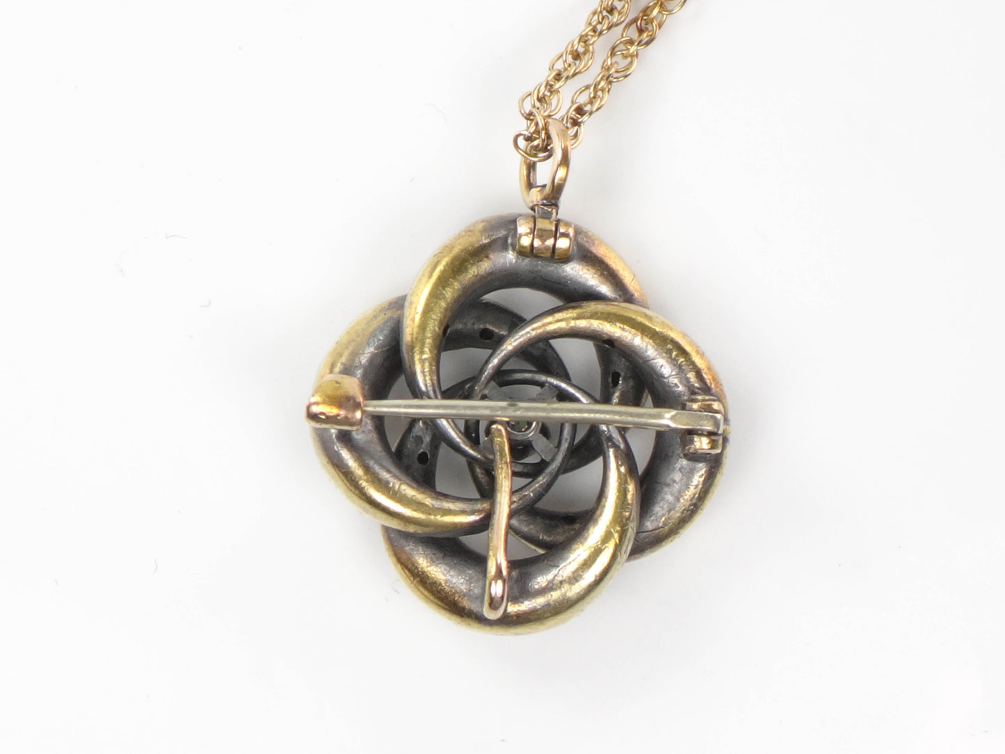 Victorian 14k Gold Old Mine Cut Diamond Love Knot Pendant Necklace 20" Antique Pin