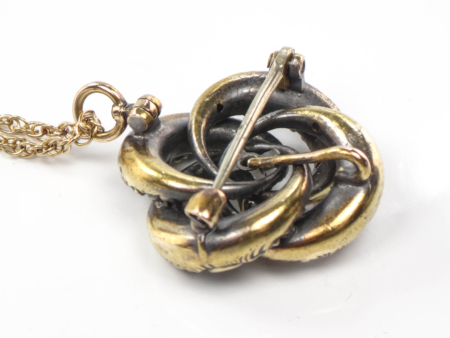 Victorian 14k Gold Old Mine Cut Diamond Love Knot Pendant Necklace 20" Antique Pin
