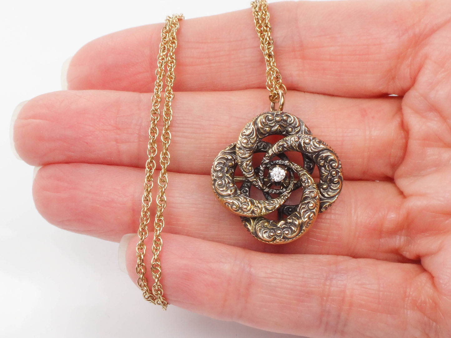 Victorian 14k Gold Old Mine Cut Diamond Love Knot Pendant Necklace 20" Antique Pin