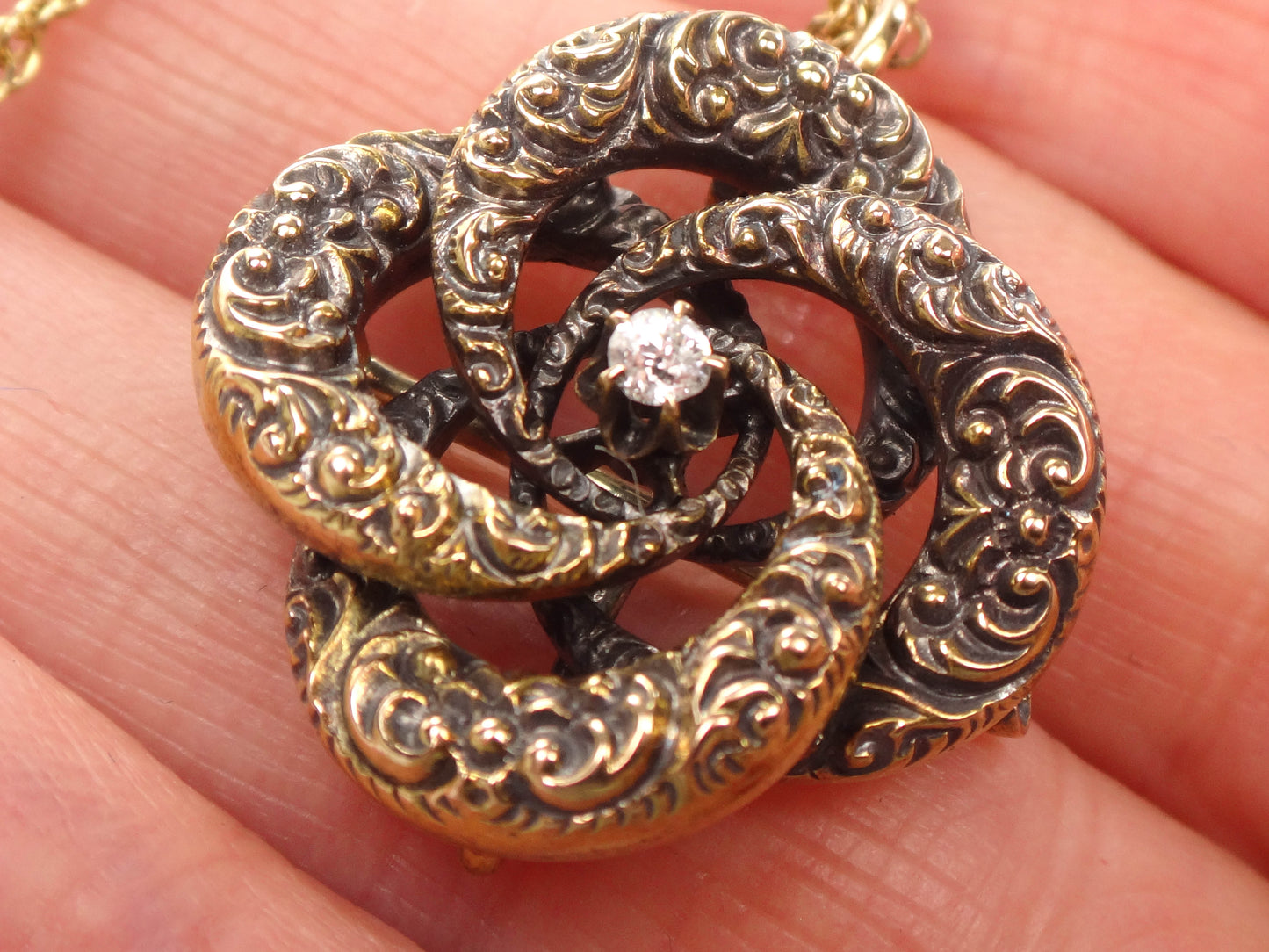 Victorian 14k Gold Old Mine Cut Diamond Love Knot Pendant Necklace 20" Antique Pin