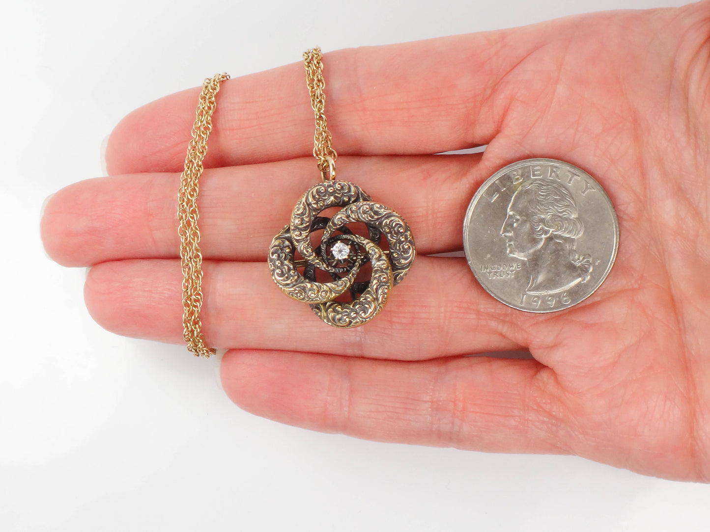 Victorian 14k Gold Old Mine Cut Diamond Love Knot Pendant Necklace 20" Antique Pin