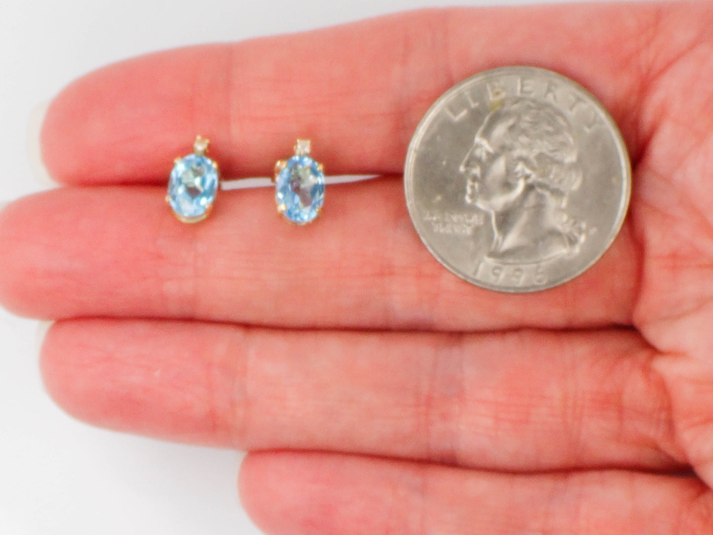 Pre-Owned 14k Yellow Gold Blue Topaz Stud Earrings with White Sapphire Accents, Oval December Birthstone Studs