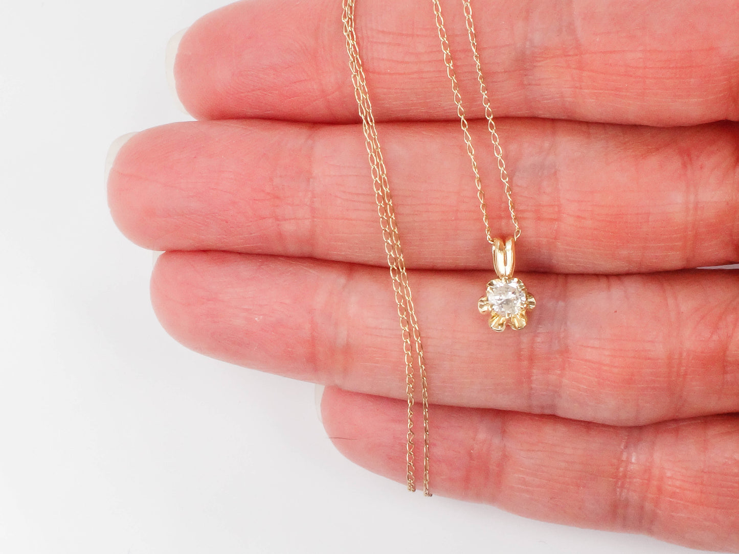 Vintage 14k Gold Round Natural Diamond Pendant Necklace, Minimalist Necklace 20"