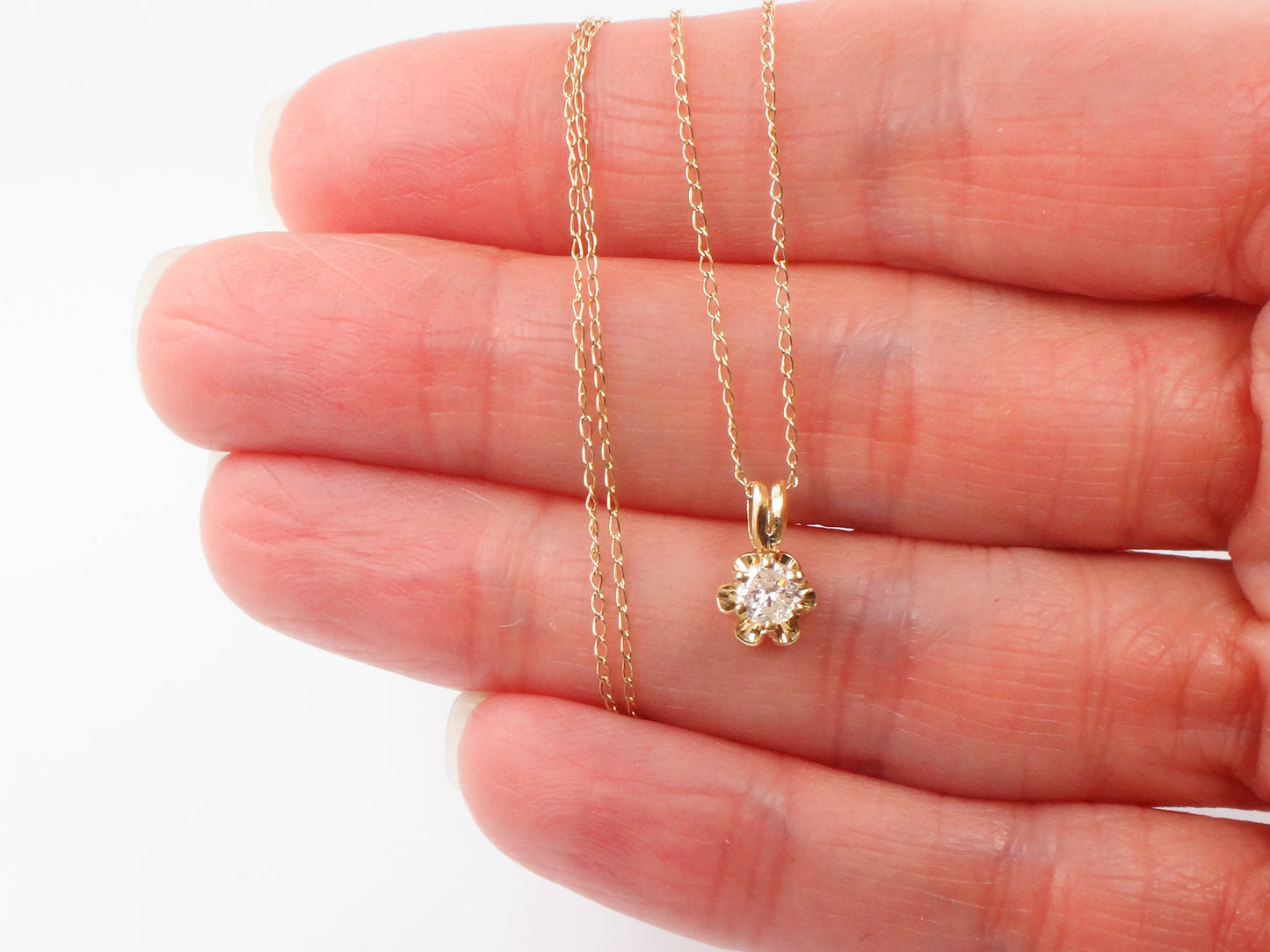 Vintage 14k Gold Round Natural Diamond Pendant Necklace, Minimalist Necklace 20"