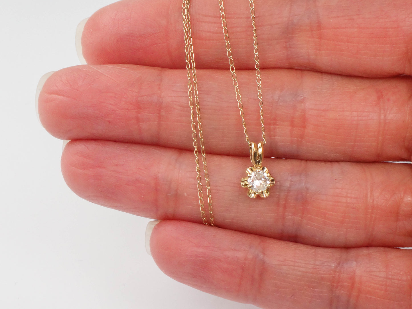Vintage 14k Gold Round Natural Diamond Pendant Necklace, Minimalist Necklace 20"