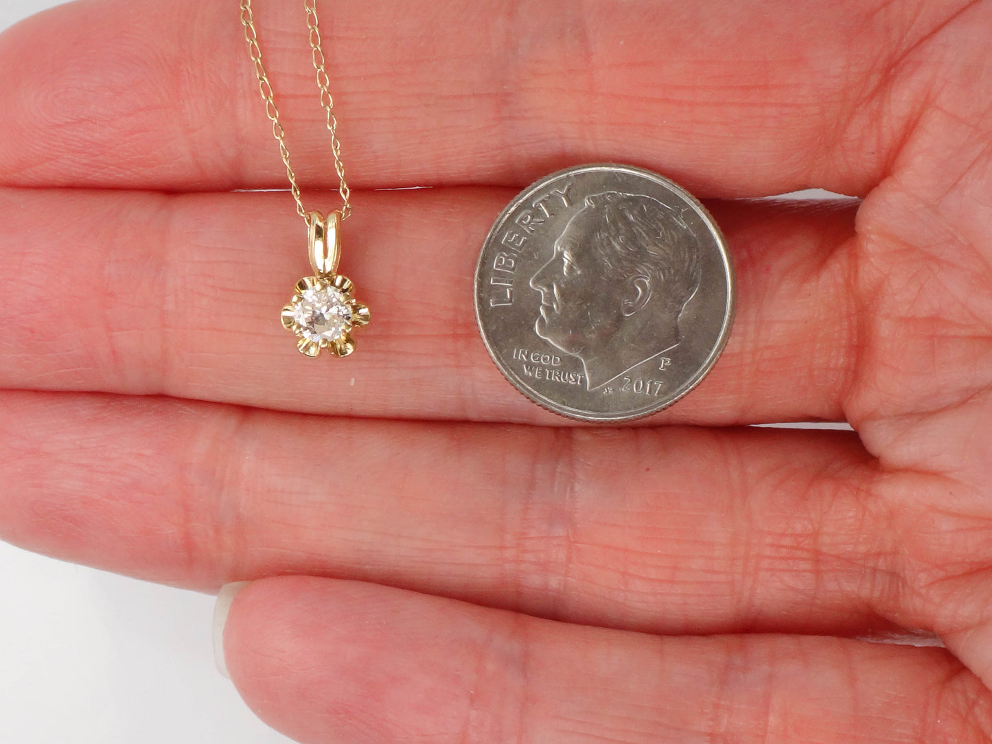 Vintage 14k Gold Round Natural Diamond Pendant Necklace, Minimalist Necklace 20"
