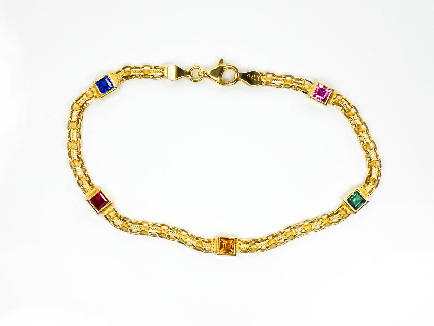 Estate 14k Yellow Gold Multi-Colored Gemstone Bismark Bracelet 8"