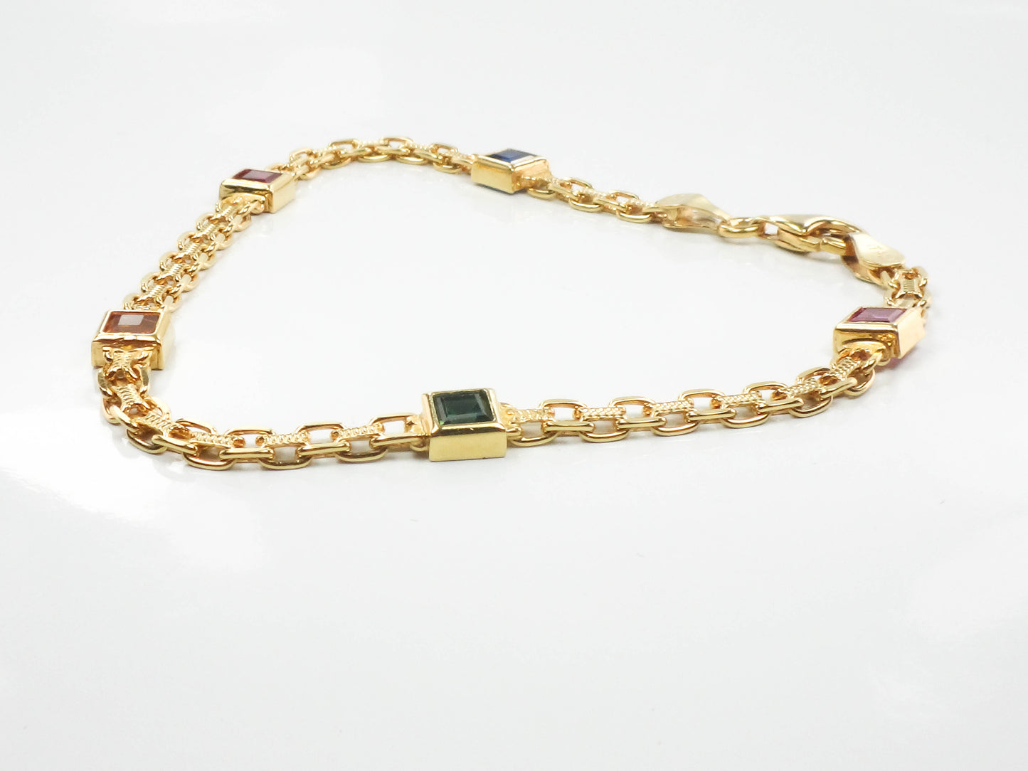 Estate 14k Yellow Gold Multi-Colored Gemstone Bismark Bracelet 8"