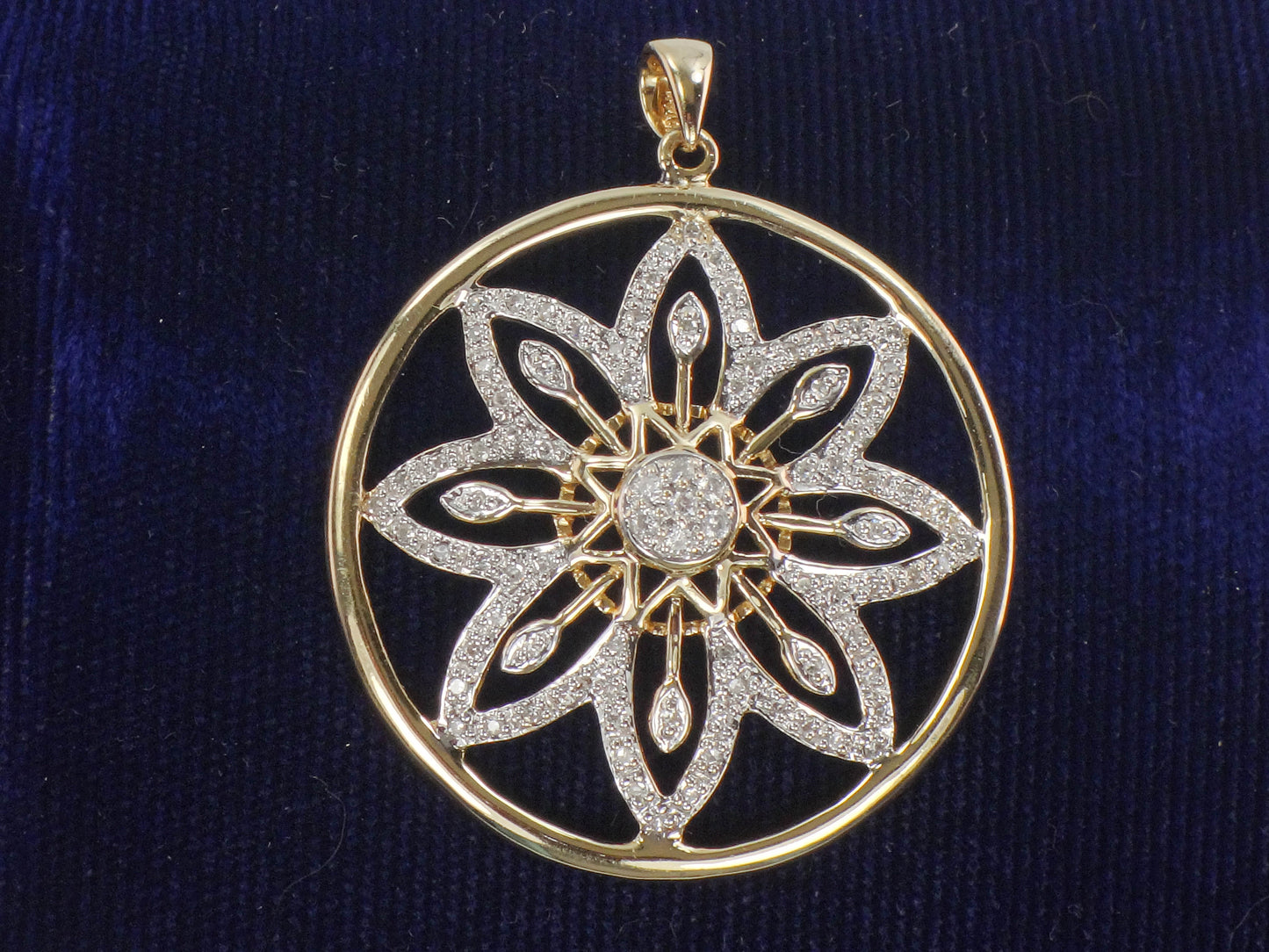Vintage 14k Solid Gold Diamond Flower Pendant, Clyde Duneier Large Round Gold Pendant