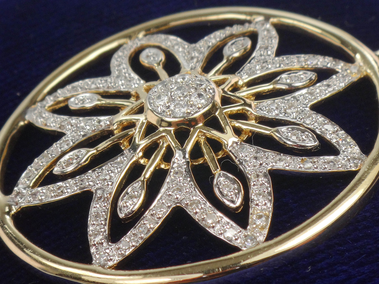 Vintage 14k Solid Gold Diamond Flower Pendant, Clyde Duneier Large Round Gold Pendant