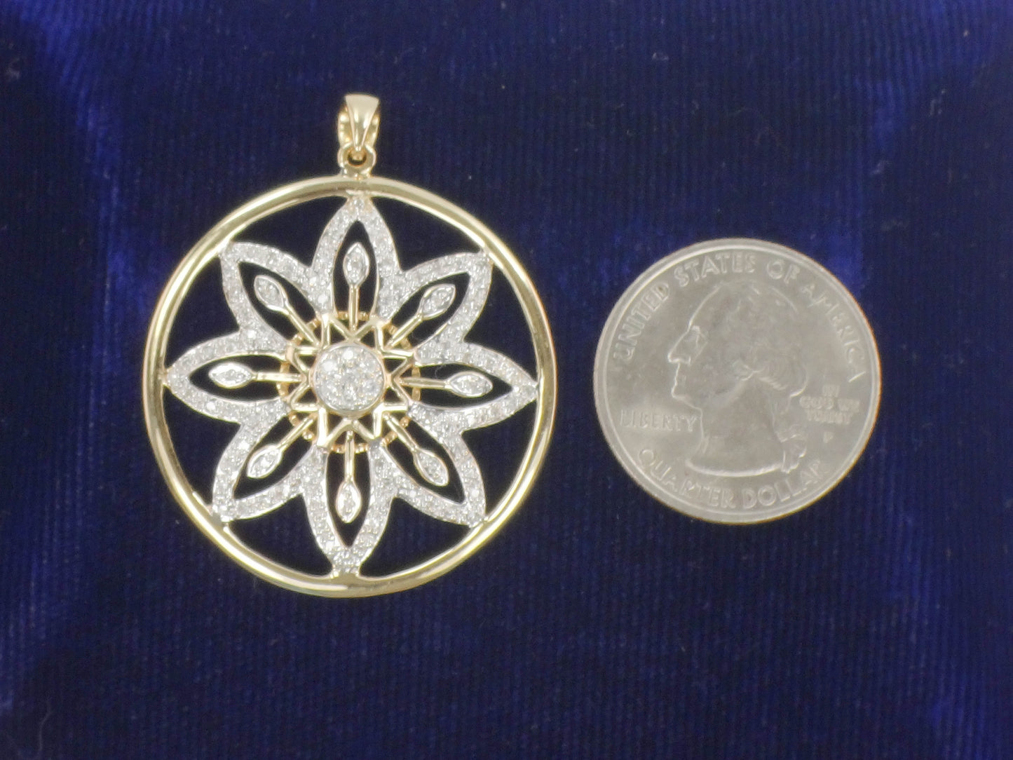 Vintage 14k Solid Gold Diamond Flower Pendant, Clyde Duneier Large Round Gold Pendant