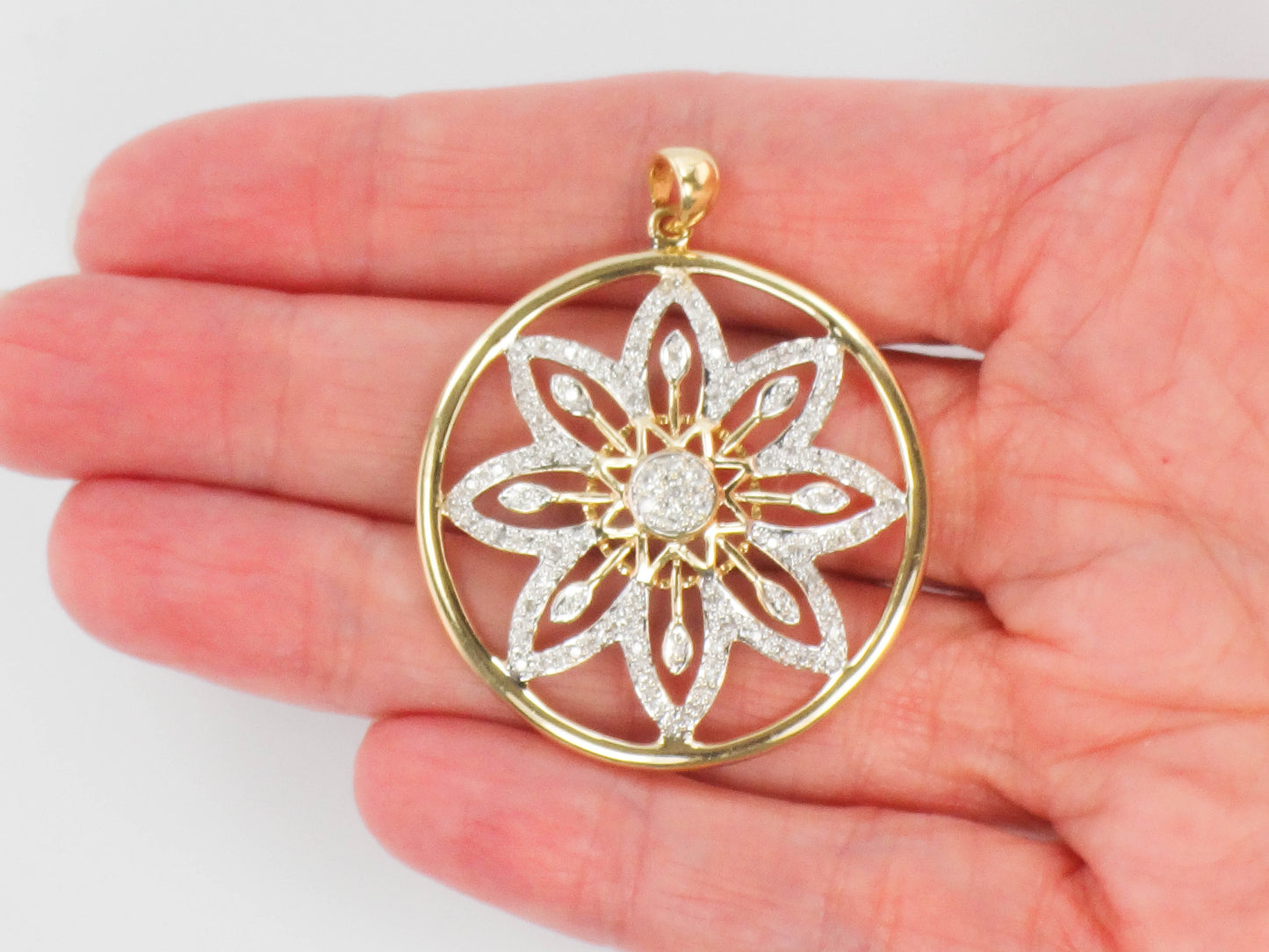 Vintage 14k Solid Gold Diamond Flower Pendant, Clyde Duneier Large Round Gold Pendant