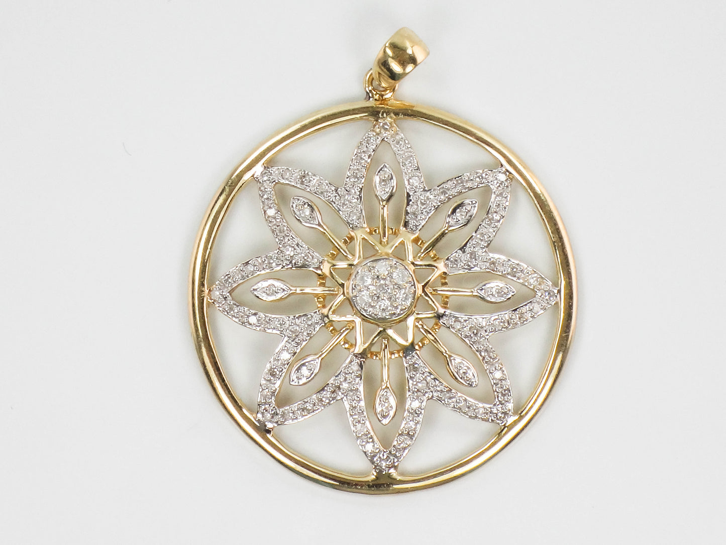 Vintage 14k Solid Gold Diamond Flower Pendant, Clyde Duneier Large Round Gold Pendant