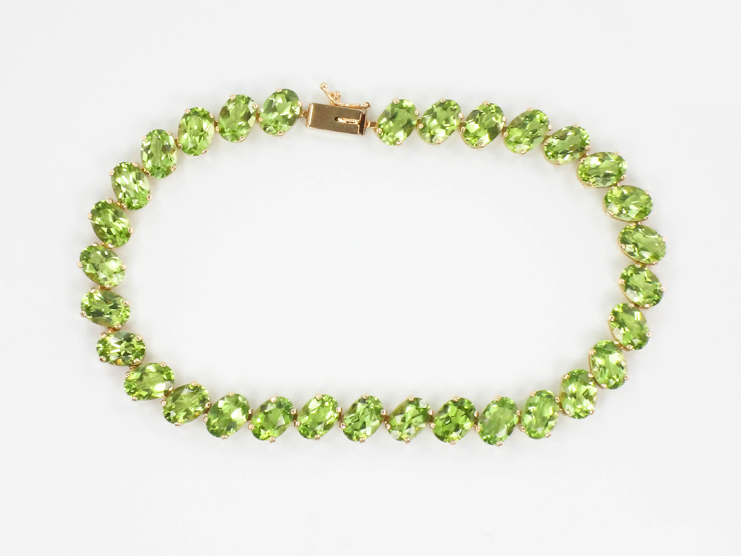 Estate 14k Yellow Gold Oval Cur Natural Peridot Tennis Bracelet, Green Stone Bracelet, 8"