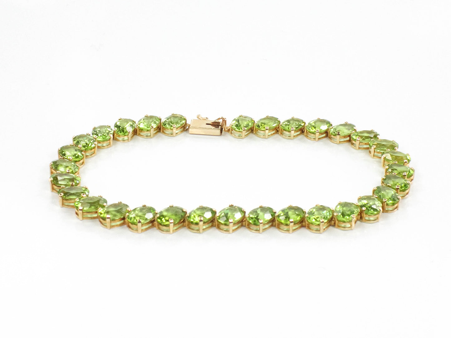 Estate 14k Yellow Gold Oval Cur Natural Peridot Tennis Bracelet, Green Stone Bracelet, 8"