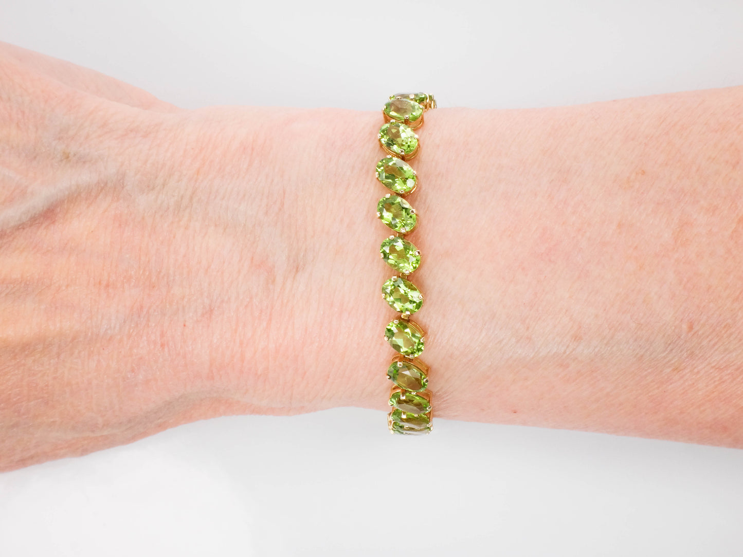 Estate 14k Yellow Gold Oval Cur Natural Peridot Tennis Bracelet, Green Stone Bracelet, 8"