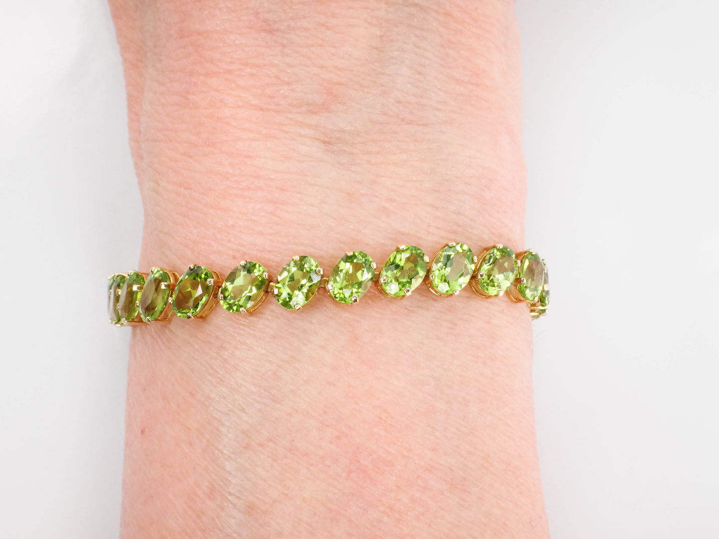 Estate 14k Yellow Gold Oval Cur Natural Peridot Tennis Bracelet, Green Stone Bracelet, 8"