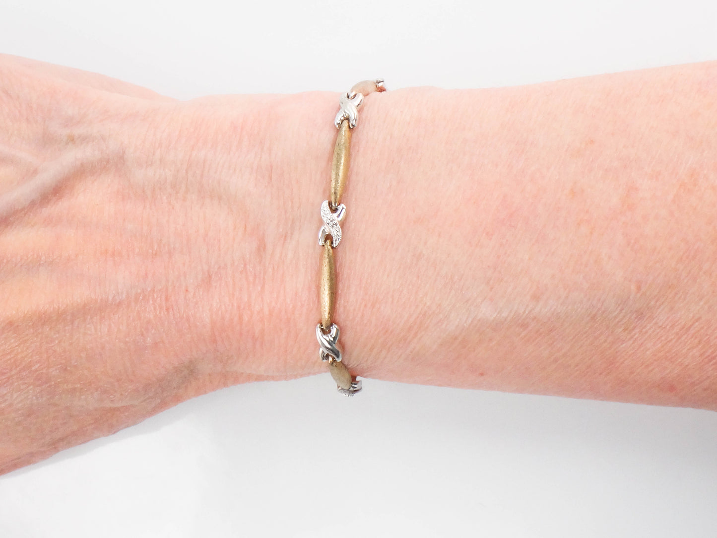 10k Two Tone Gold and Diamond X Bracelet, 6 7/8", Vintage Jewelry