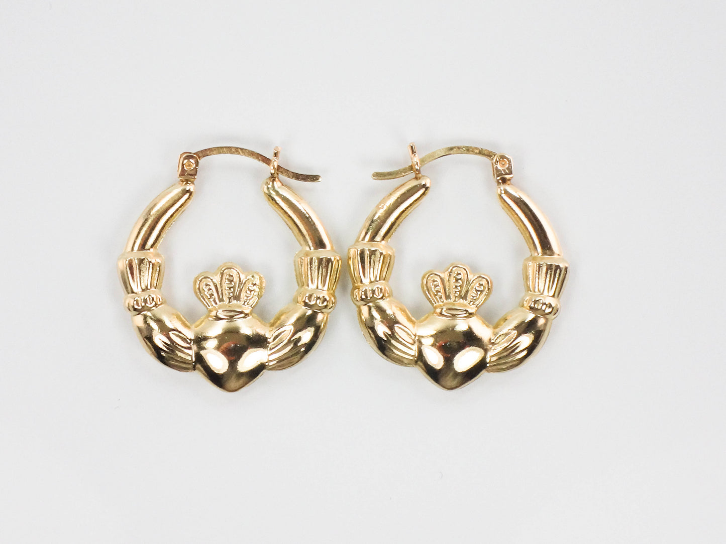 Vintage 14k Yellow Gold Claddagh Hoop Earrings, Irish Symbol Earrings