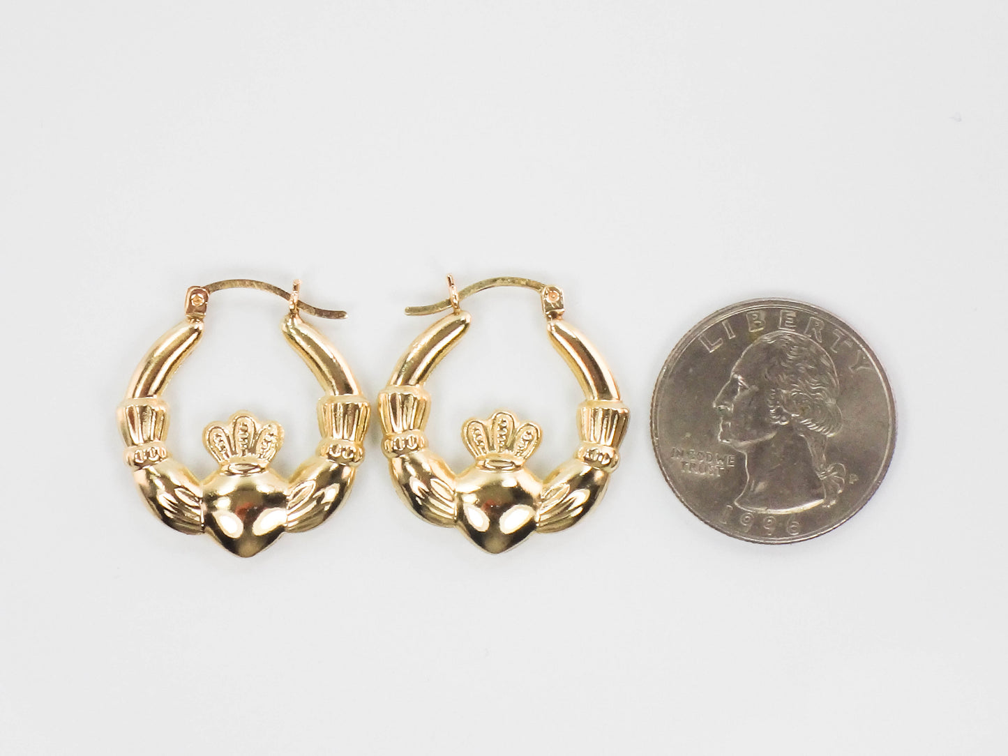 Vintage 14k Yellow Gold Claddagh Hoop Earrings, Irish Symbol Earrings