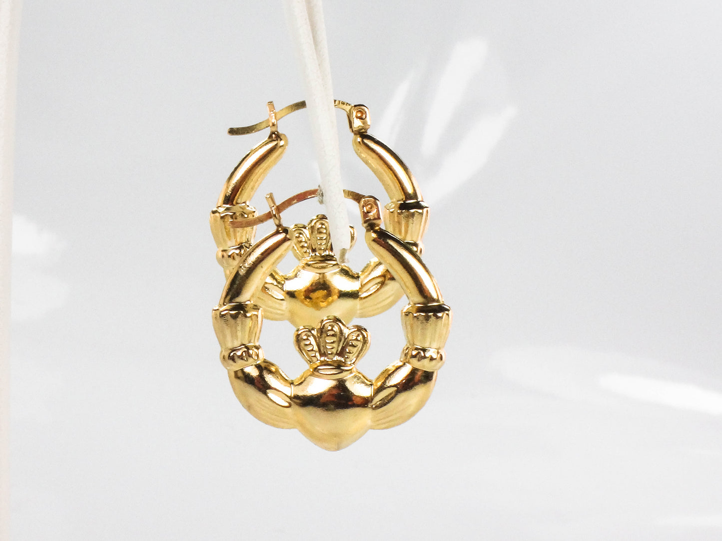 Vintage 14k Yellow Gold Claddagh Hoop Earrings, Irish Symbol Earrings