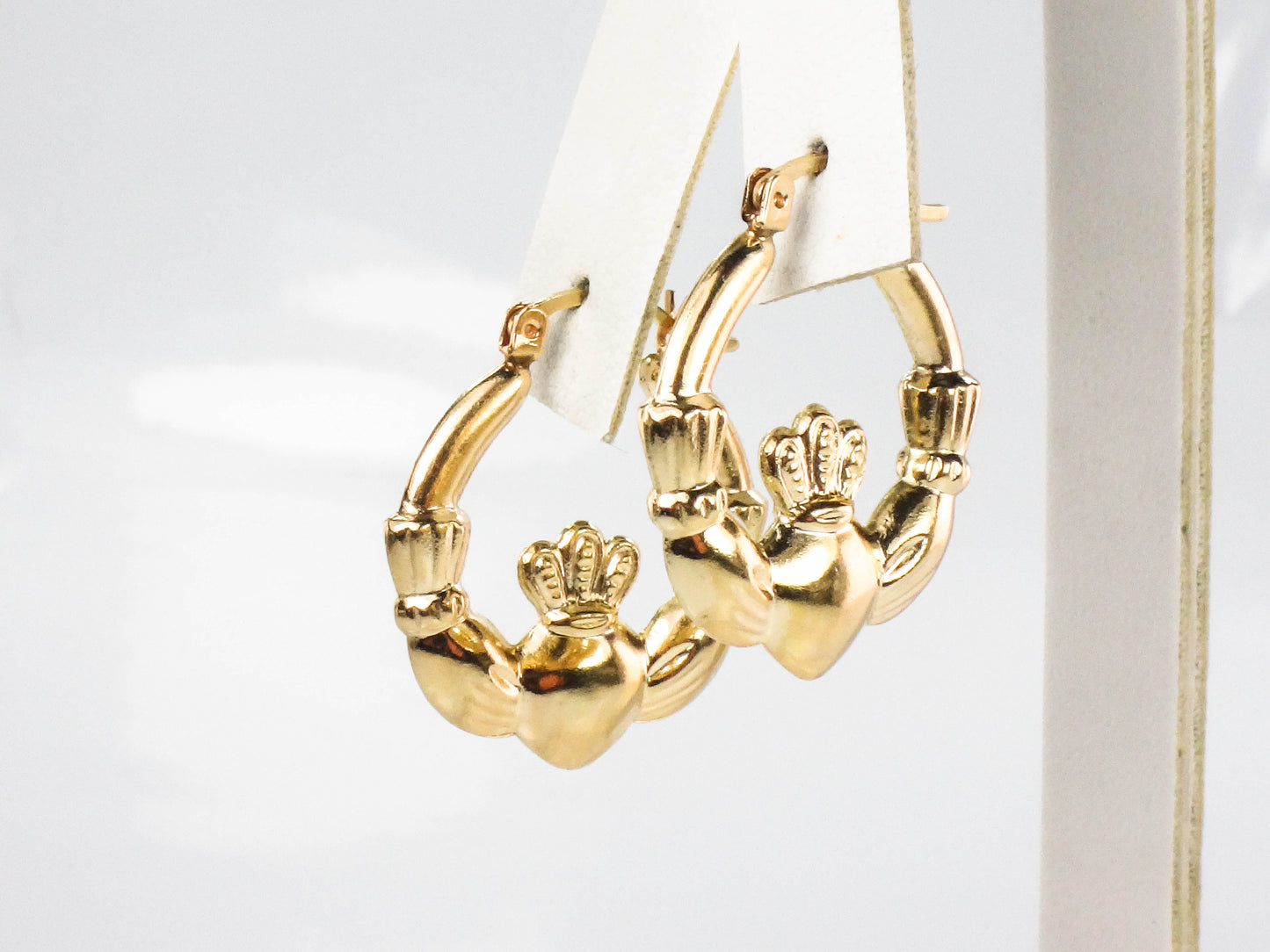 Vintage 14k Yellow Gold Claddagh Hoop Earrings, Irish Symbol Earrings
