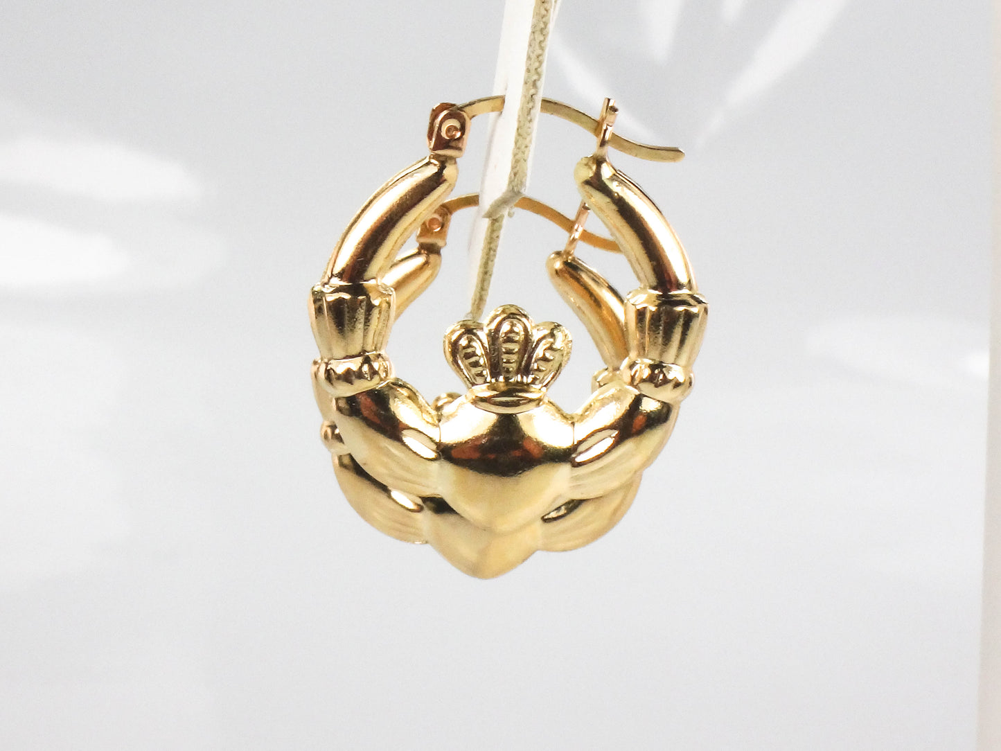 Vintage 14k Yellow Gold Claddagh Hoop Earrings, Irish Symbol Earrings
