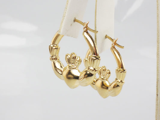 Vintage 14k Yellow Gold Claddagh Hoop Earrings, Irish Symbol Earrings
