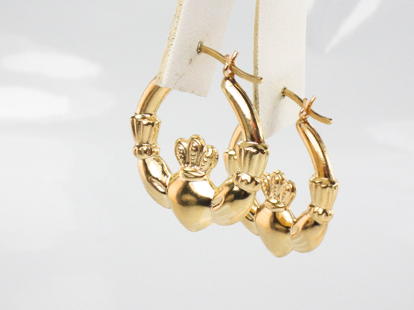 Vintage 14k Yellow Gold Claddagh Hoop Earrings, Irish Symbol Earrings