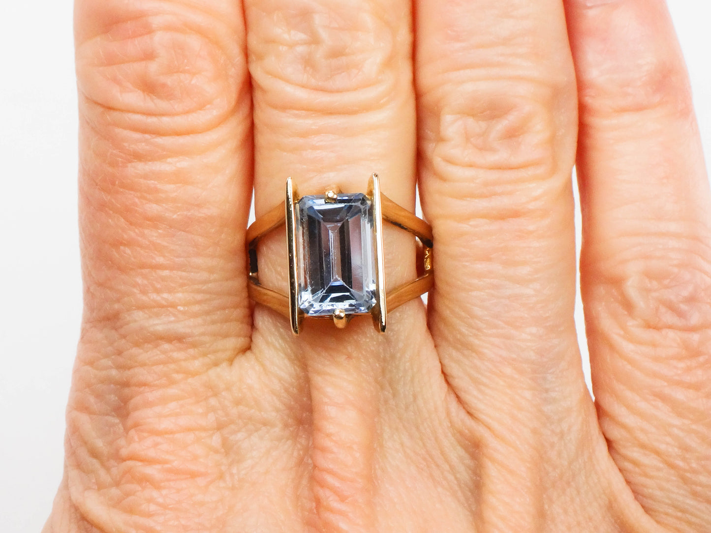 Vintage 14k Yellow Gold Rectangle Cut Blue Topaz Ring, Size 5.75, December Birthstone
