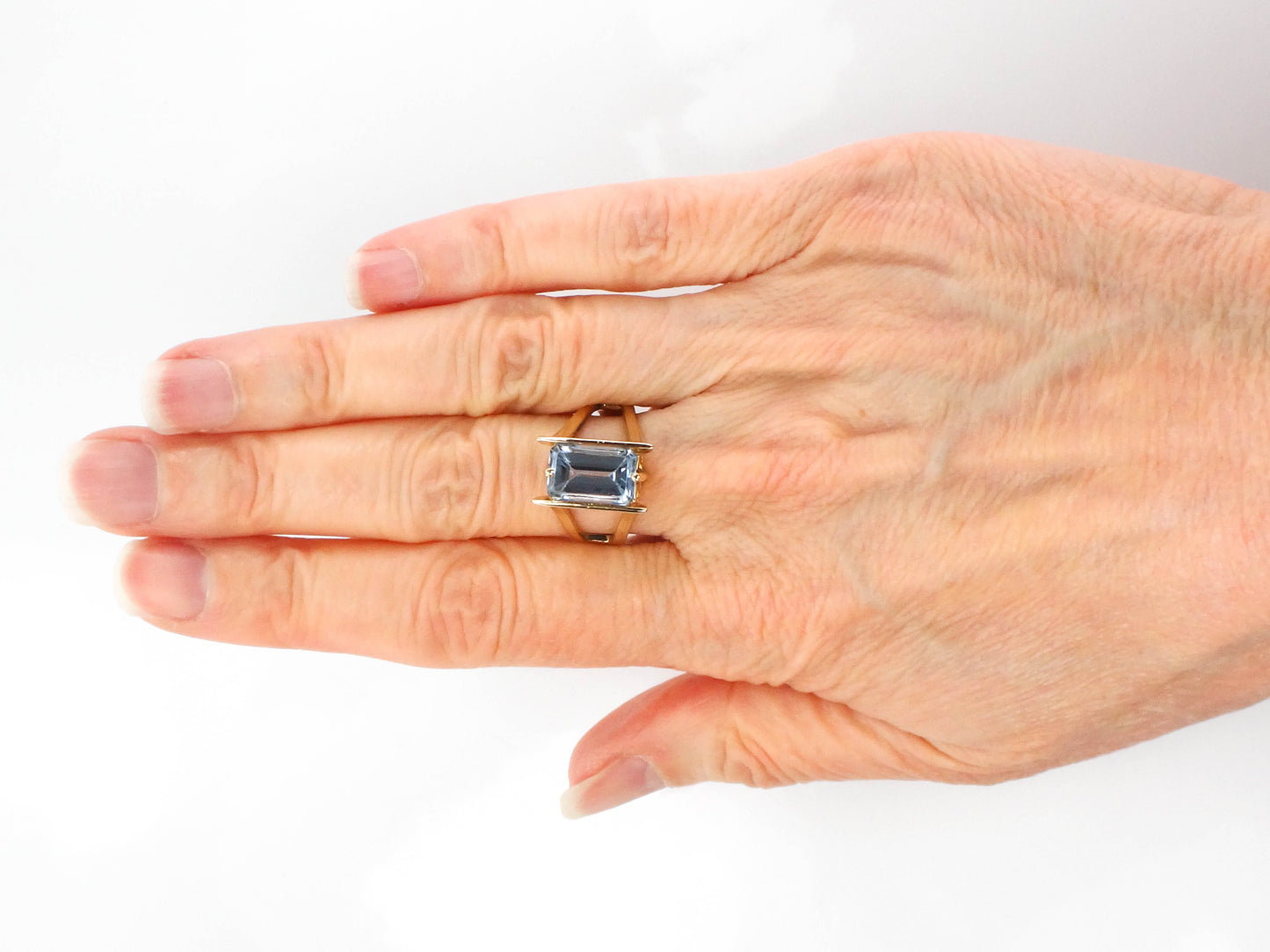 Vintage 14k Yellow Gold Rectangle Cut Blue Topaz Ring, Size 5.75, December Birthstone