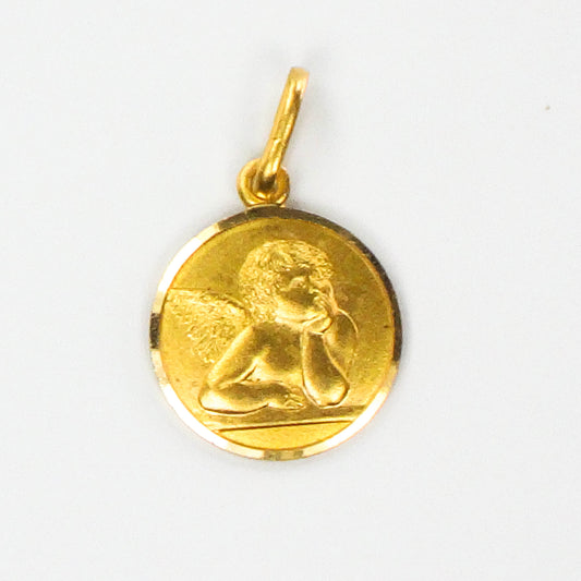 Vintage Small Solid 18k Yellow Gold Angel Pendant, Tiny Circle Pendant Charm