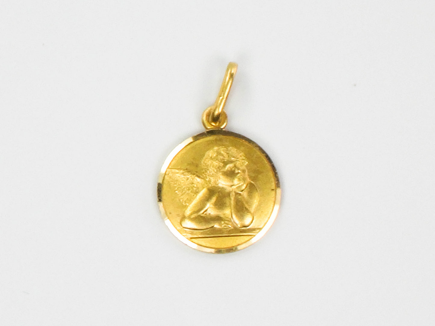 Vintage Small Solid 18k Yellow Gold Angel Pendant, Tiny Circle Pendant Charm