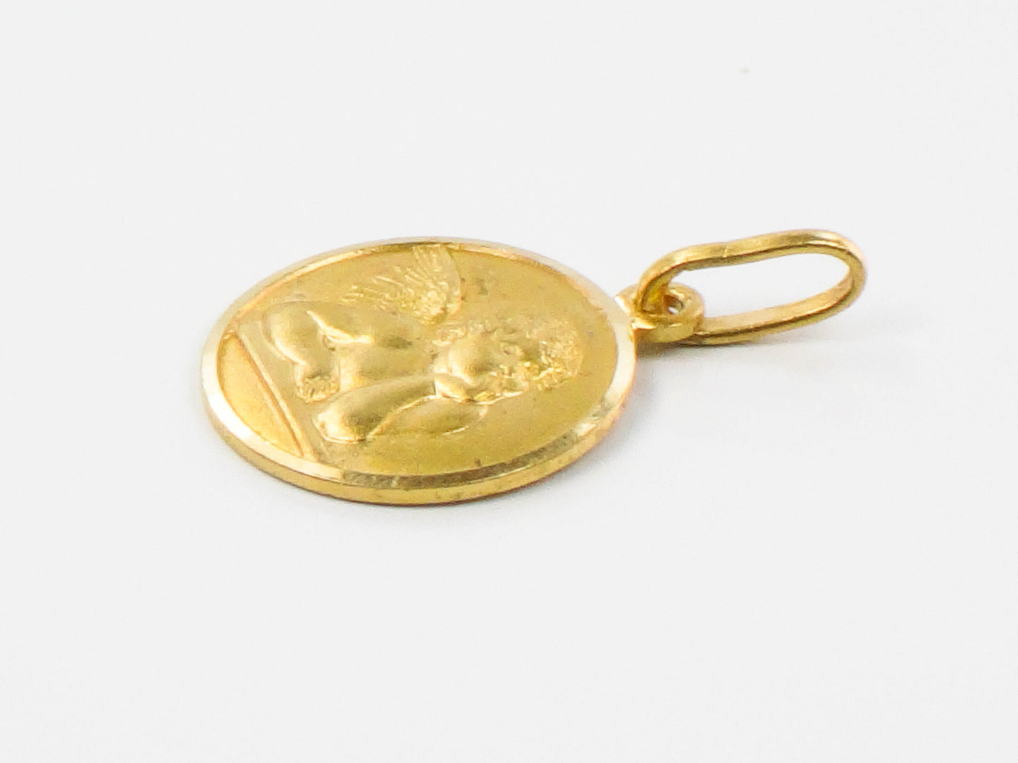 Vintage Small Solid 18k Yellow Gold Angel Pendant, Tiny Circle Pendant Charm