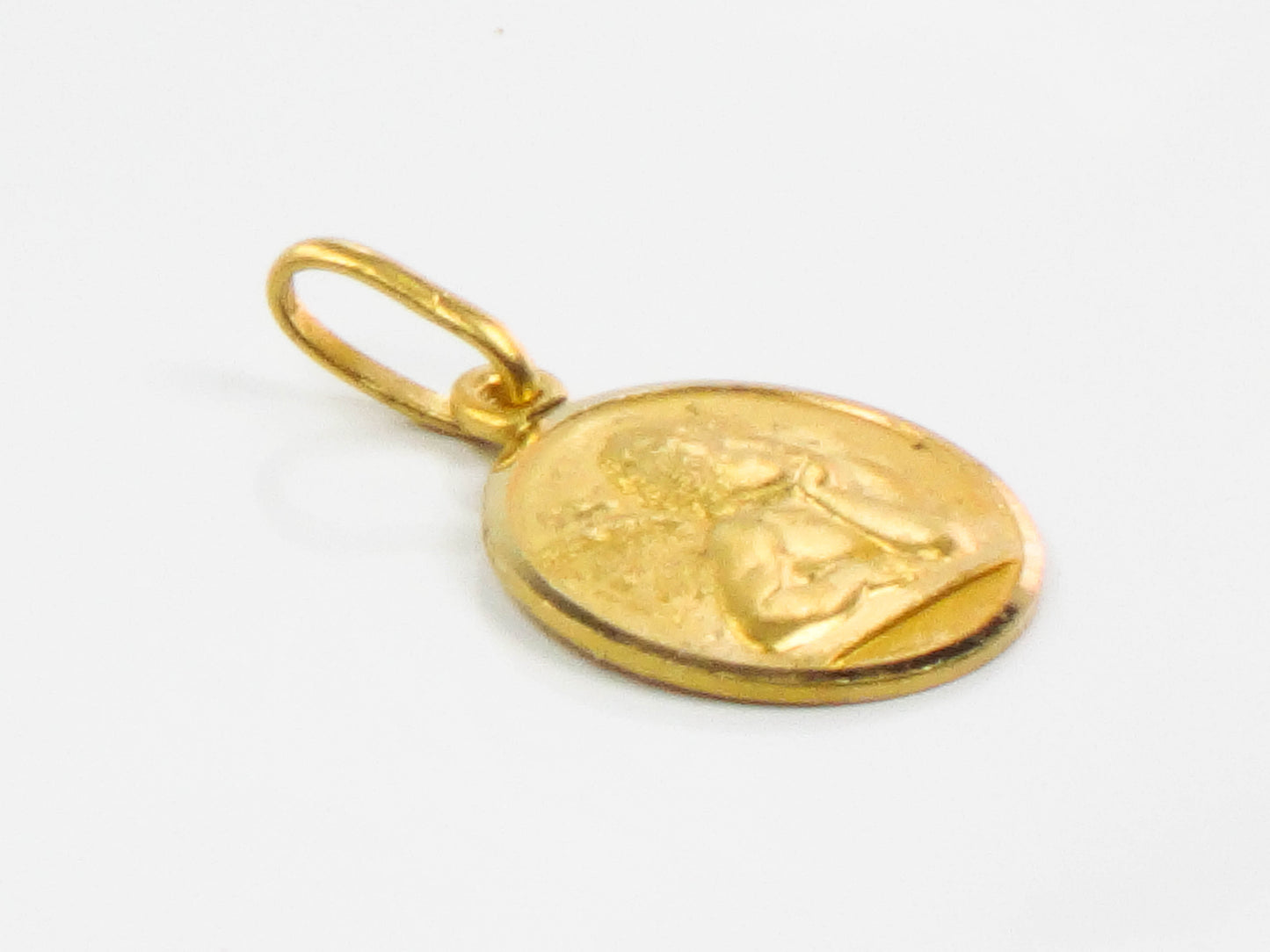 Vintage Small Solid 18k Yellow Gold Angel Pendant, Tiny Circle Pendant Charm