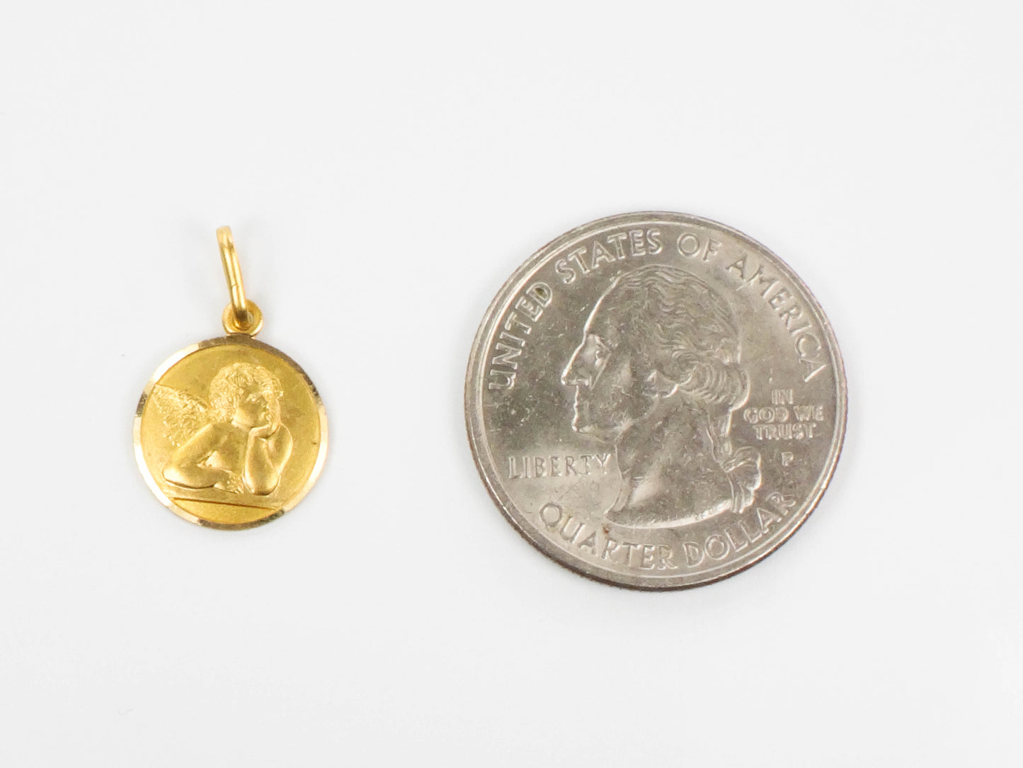 Vintage Small Solid 18k Yellow Gold Angel Pendant, Tiny Circle Pendant Charm