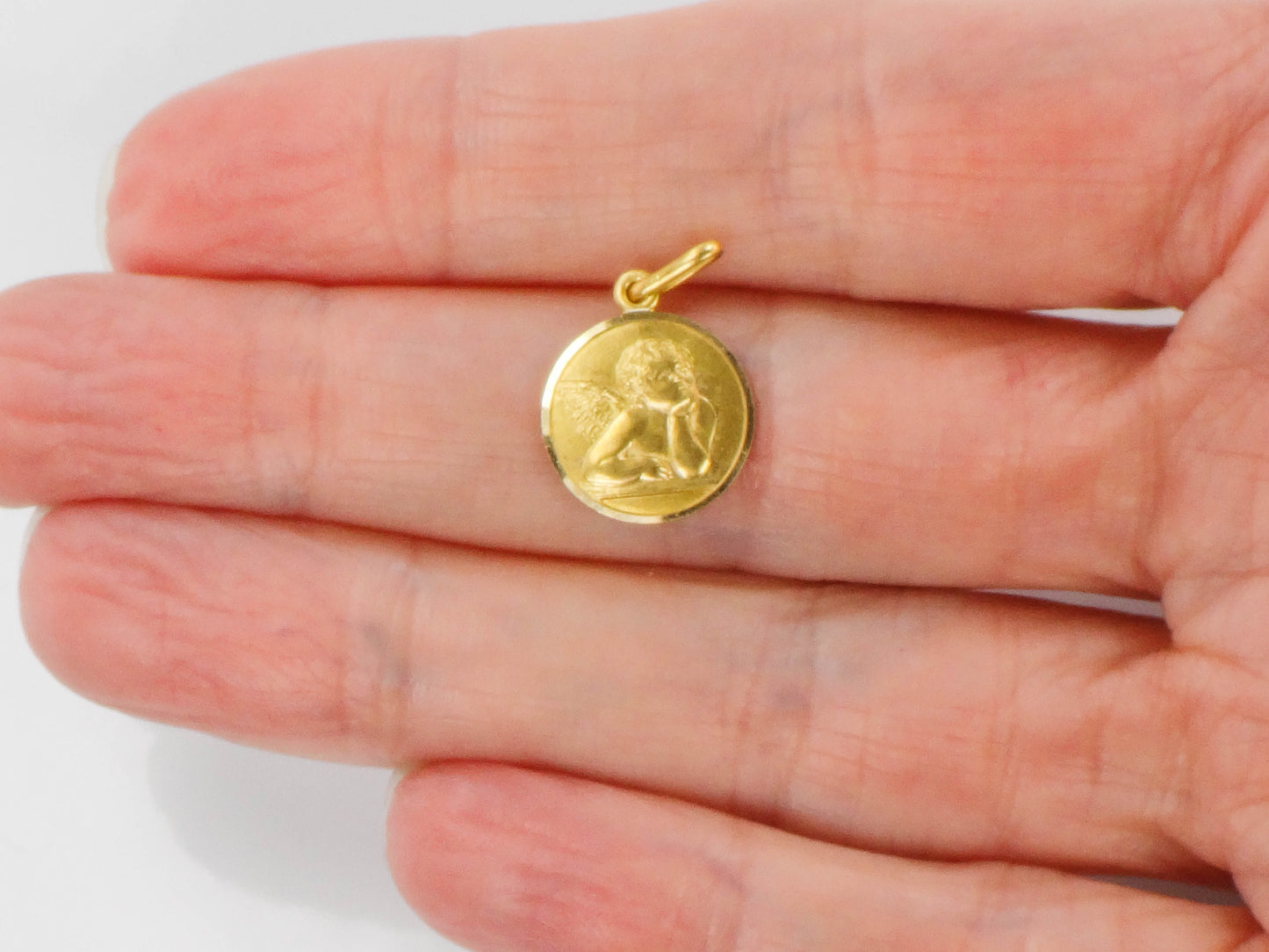 Vintage Small Solid 18k Yellow Gold Angel Pendant, Tiny Circle Pendant Charm