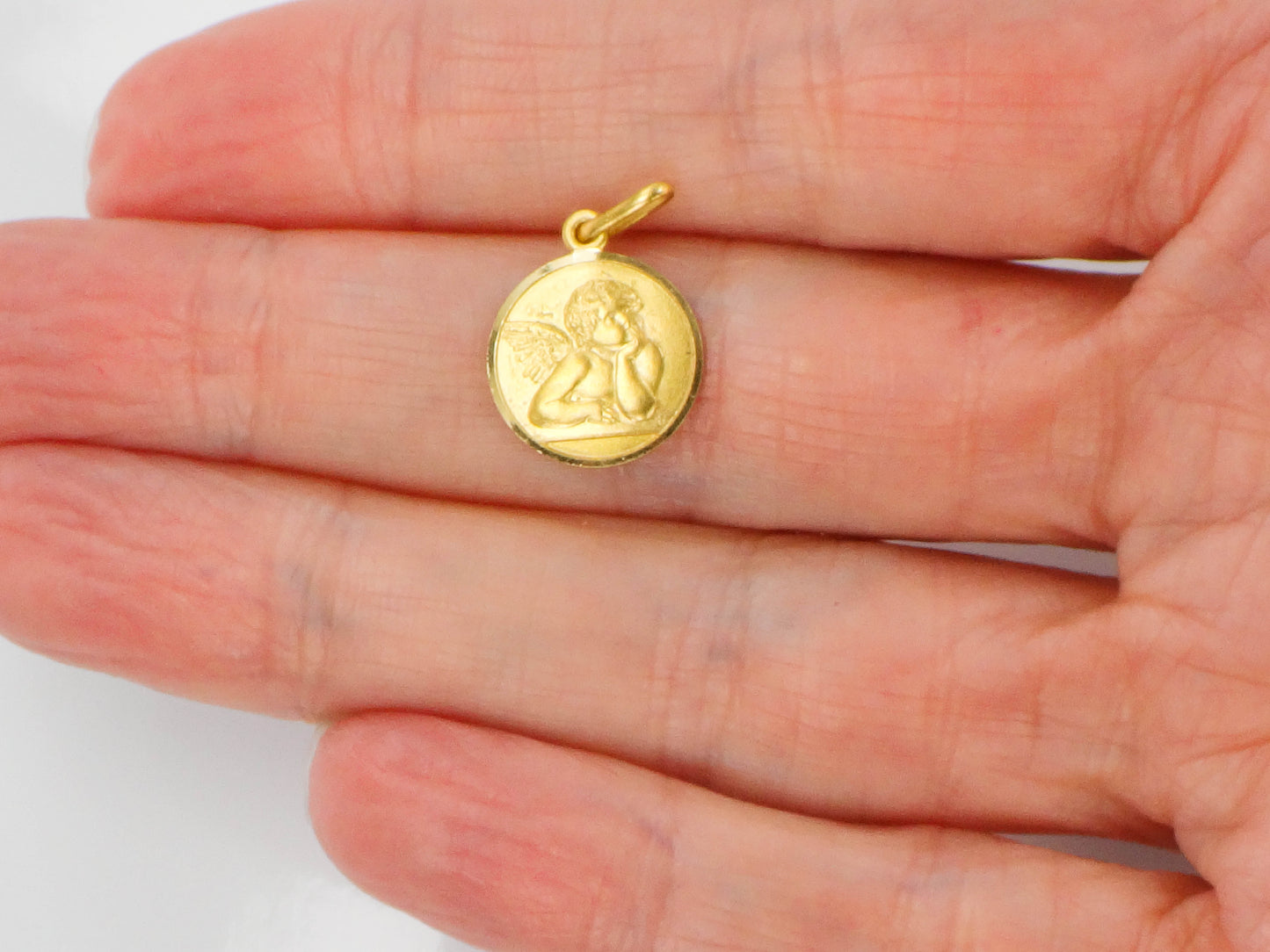 Vintage Small Solid 18k Yellow Gold Angel Pendant, Tiny Circle Pendant Charm