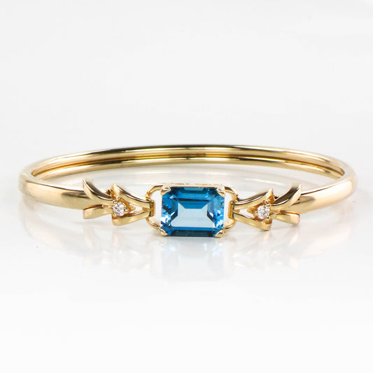 14k Yellow Gold Blue Topaz Diamond Bangle Bracelet, Pre-Owned Jewelry